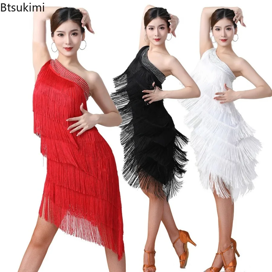 

Women Latin Dance Dress Sexy Bodycon Dress One Shoulder Tassel Skirt Tango Cha Cha Ballroom Dancing Costume Fringe Stage Clothes