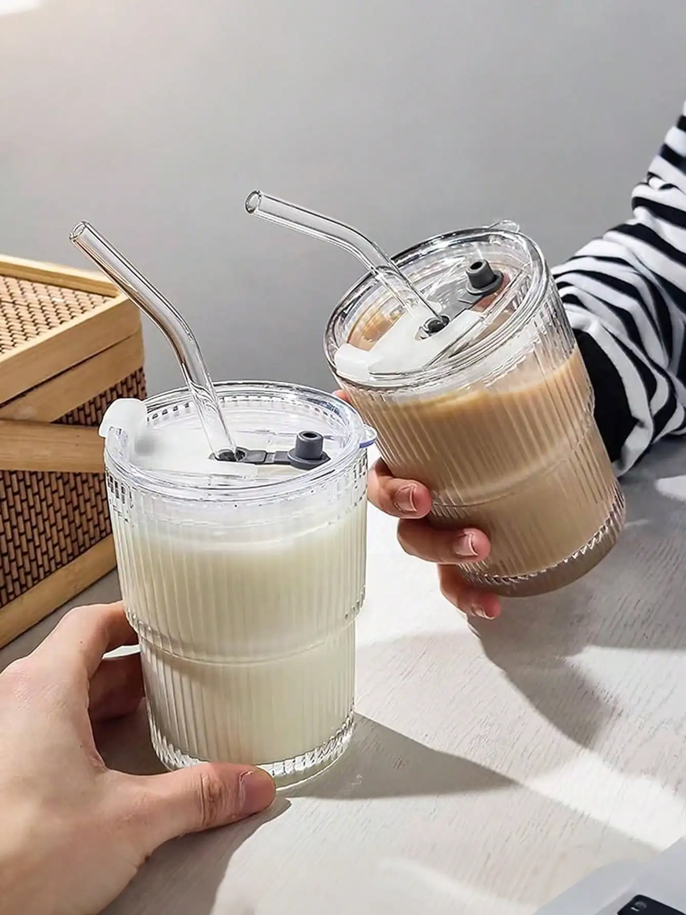 6pcs 350ml Glass Cups (12oz) - With Lids/Straws, Durable Reusable, For Drinks, Home/Office, Holiday Gift