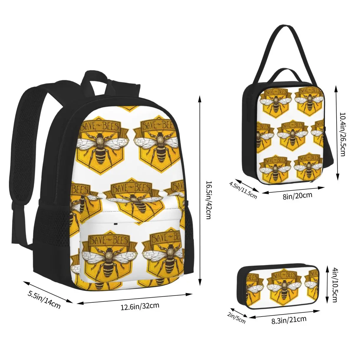 Save The Bees Printed Backpacks Boys Girls Bookbag School Bags Children Rucksack Lunch Bag Pen Bag Three-Piece Set