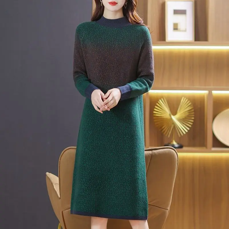 Elegant Stand Collar All-match Gradient Knitted Dress Women\'s Clothing 2024 Autumn Winter New Loose Office Lady Midi Dress