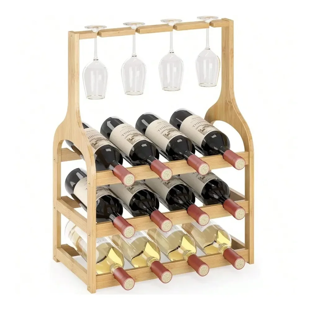 

Настольная подставка для вина на 12 бутылок и 4 бокала, маленькая, из бамбука, отдельно стоящая, деревянная, для хранения и демонстрации вина