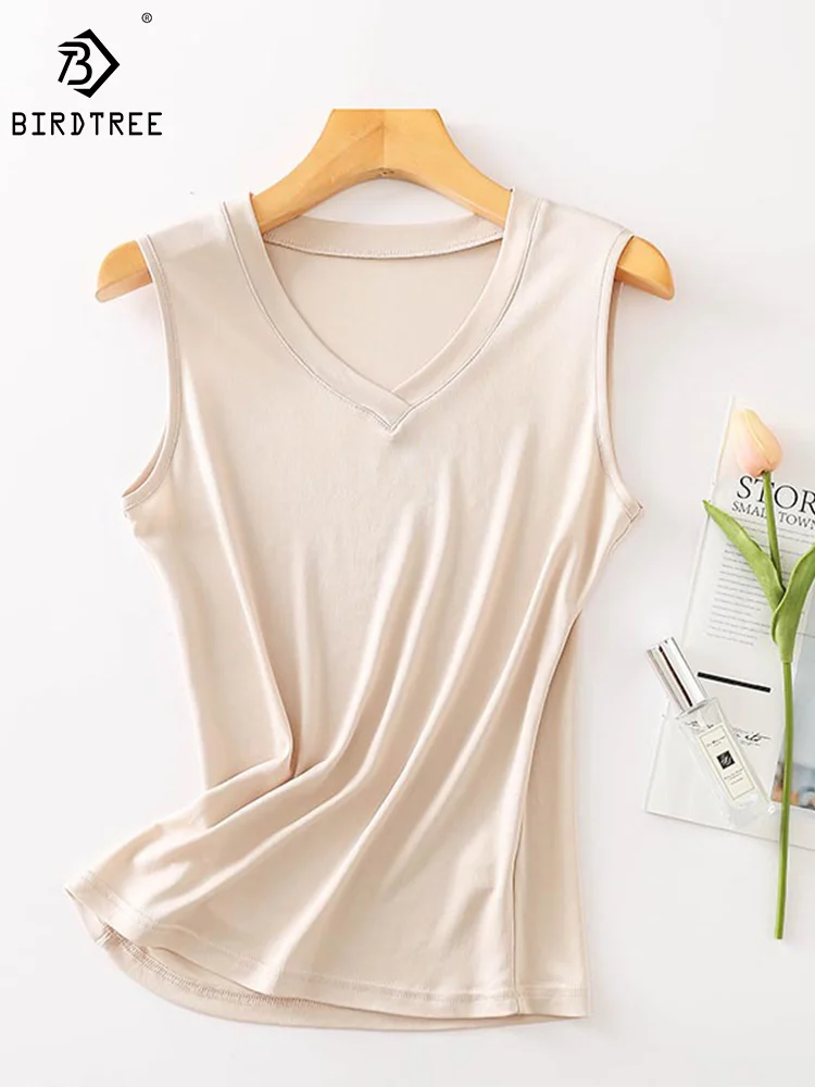 Birdtree Real Silk Sexy Knitted All-match Vest Sleeveless Loose Basic Solid Color Bottom Tops 2024 Sping Summer New P3D808QM