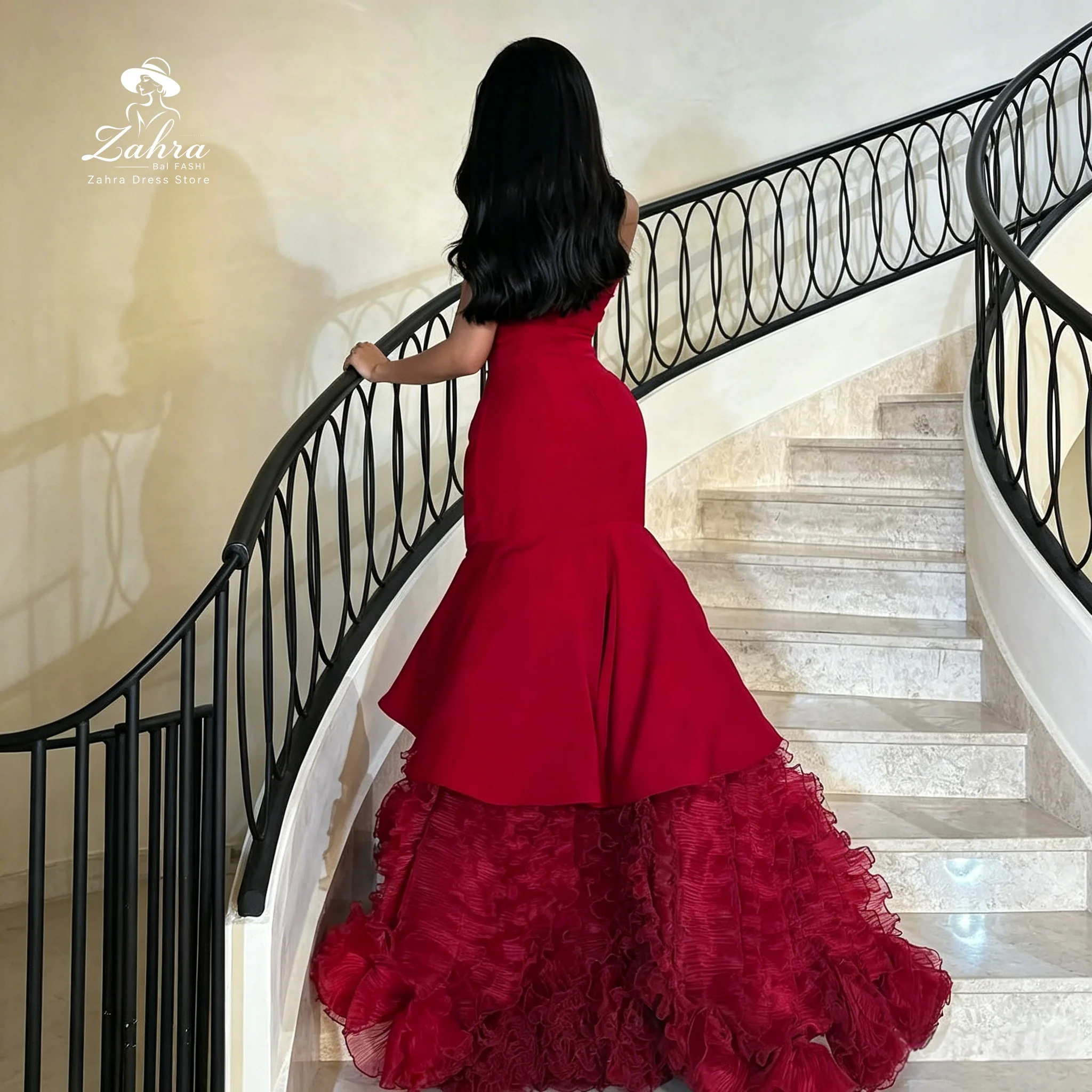 Red Strapless Mermaid Evening Dress Boned Corset Multi Layer Ruffle Tulle Chapel Train Wedding Reception Gown