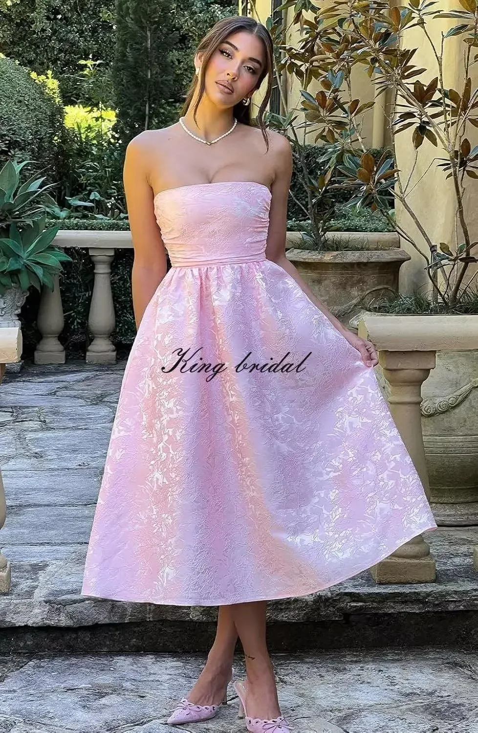 A Line Strapless Midi Corset Formal Evening Party Gown Bridesmaid Dress Floral Jacquard Satin Tea Length Prom Dresses for Women