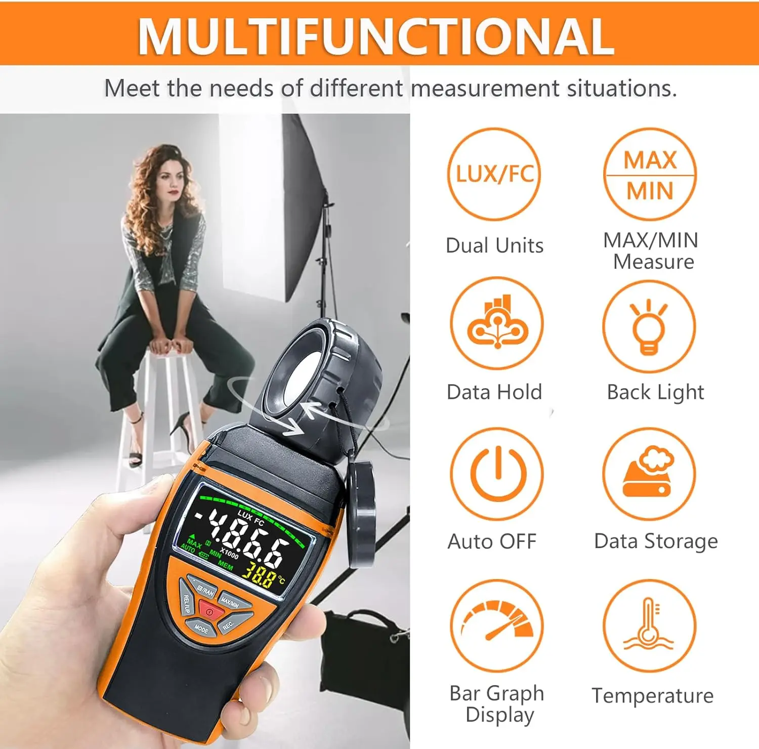 

Light Meter, Digital Lux Meter 0.1-400,000 Lux, 270º Rotatable Detector, Large Color Backlit Display, Illuminance Meter