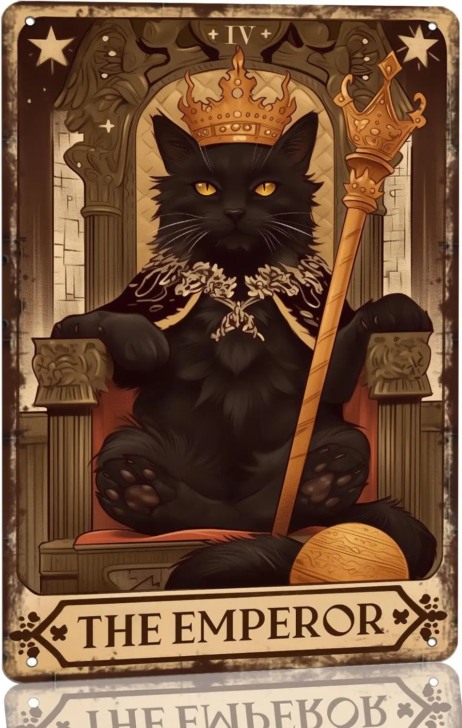 Vintage Black Cat Metal Tin Sign - The Emperor, Magic Tarot Card Poster Wall Art Decor for Bathroom Office Dorm Cafe Bar Gi