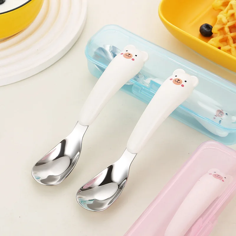 1PCS 316 stainless steel children's spoon with storage box, cartoon feeding spoon, spoon, flat bottomed spoon