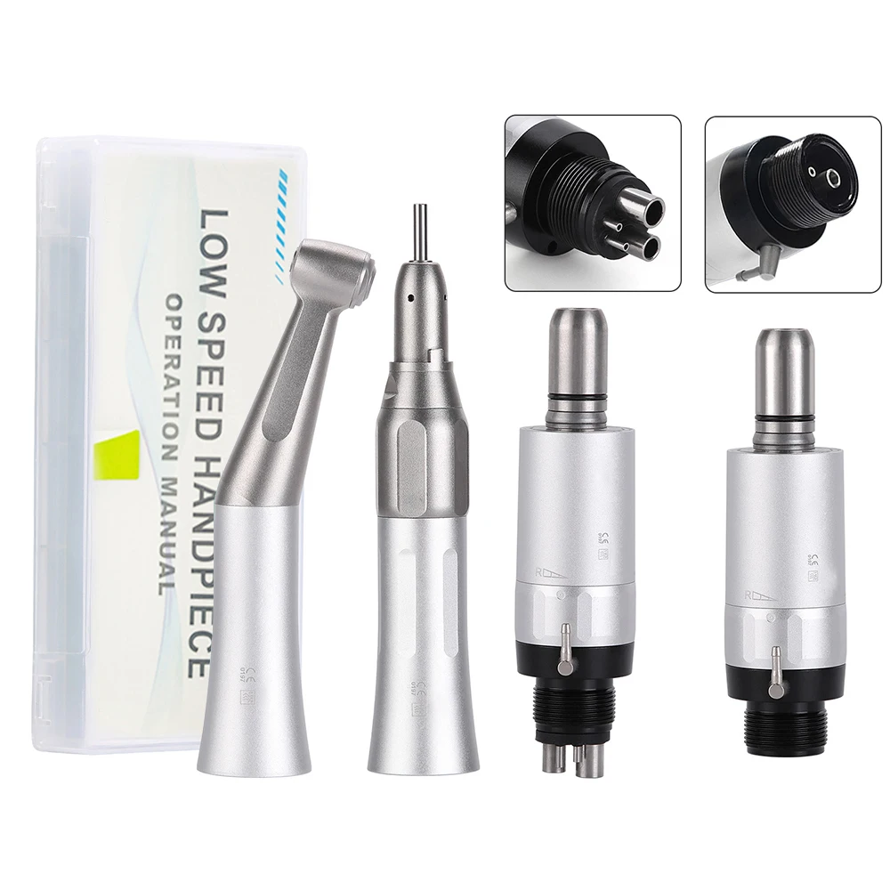 Dental Low Speed Handpiece Kit Contra Angle Straight Handpiece 1:1 Push Button 2/4 Holes Air Turbine Motor Dentist Tools