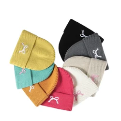 Fall Winter Bow Embroidery Women's Outdoor Warm Knitted Hat Acrylic Thick Hat Bright Color Candy Beanie Skullies Hat for Men
