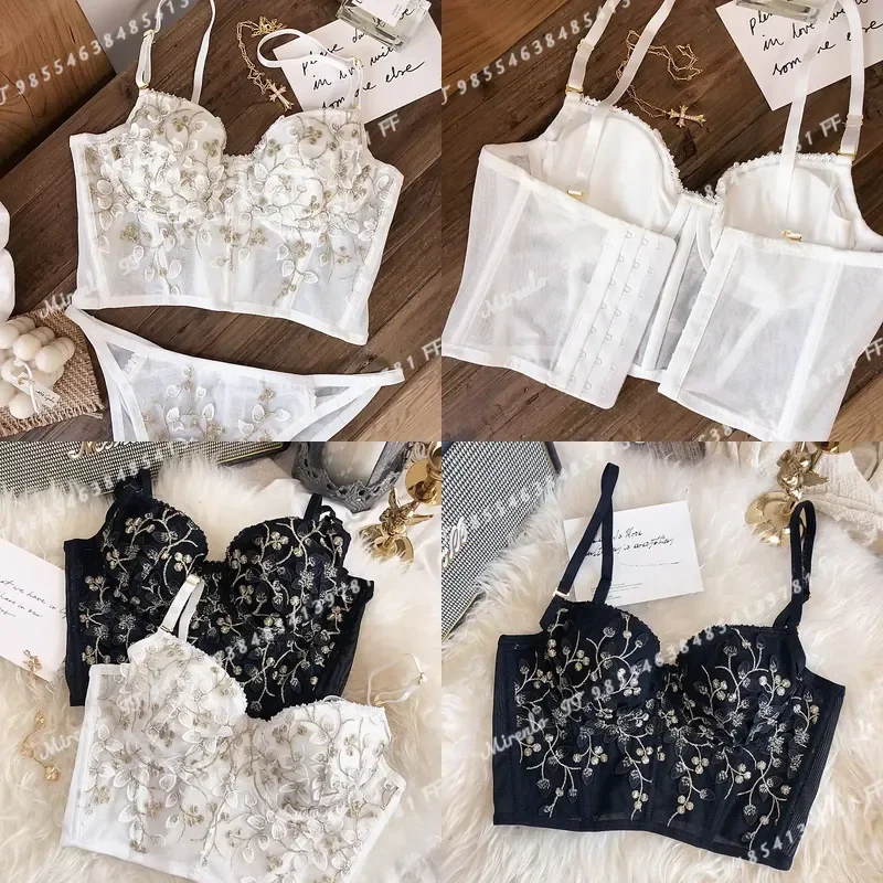 2 Pieces Sexy Lace Flower Embroidery Underwear Set Women French Body Shaping Push Up Bra Romantic White Lingerie Sets