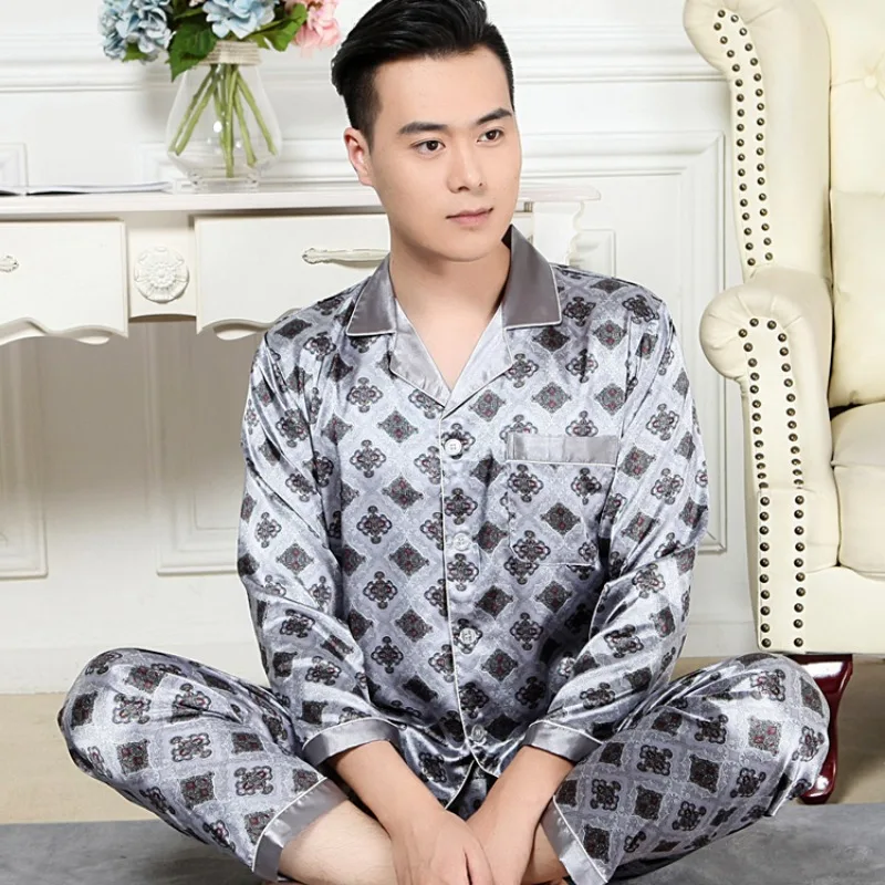 High-grade Silk Pajamas Men Long Sleeve Spring and Autumn Ice Silk Men Youth New Imitation Silk Home Suit Set Winter Dad Comfort