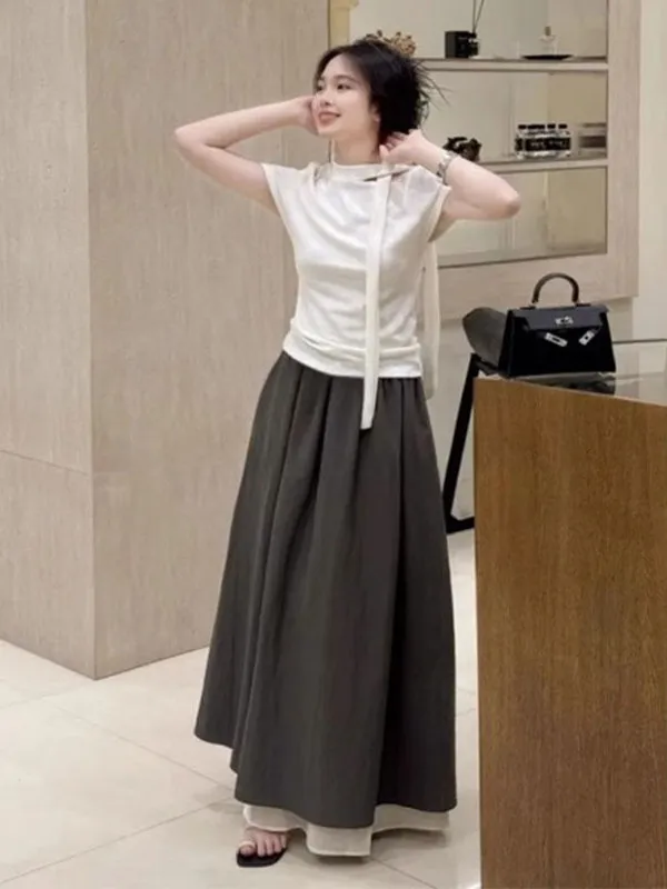 

Summer Elegant Short Sleeve A-Line Skirt Set Pure Desire Style Slimming Top Fashionable Half-length Skirt Women's Ensemble