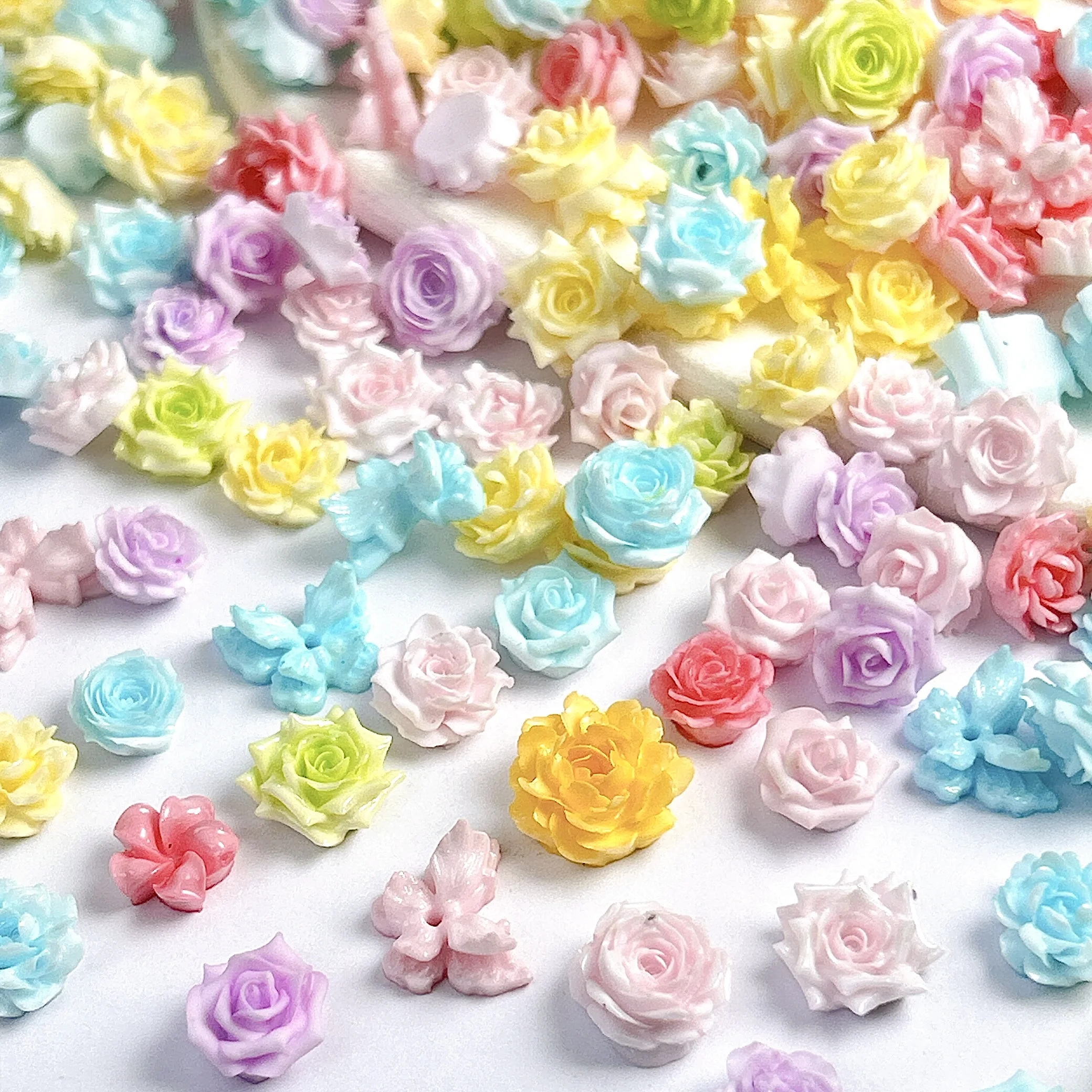 50PCS Novelty Soft Camellia Peony Rose Resin Nail Charms Random Mixed Colorful Butterfly Bow Leaf Nail Art Decorations DIY Nails