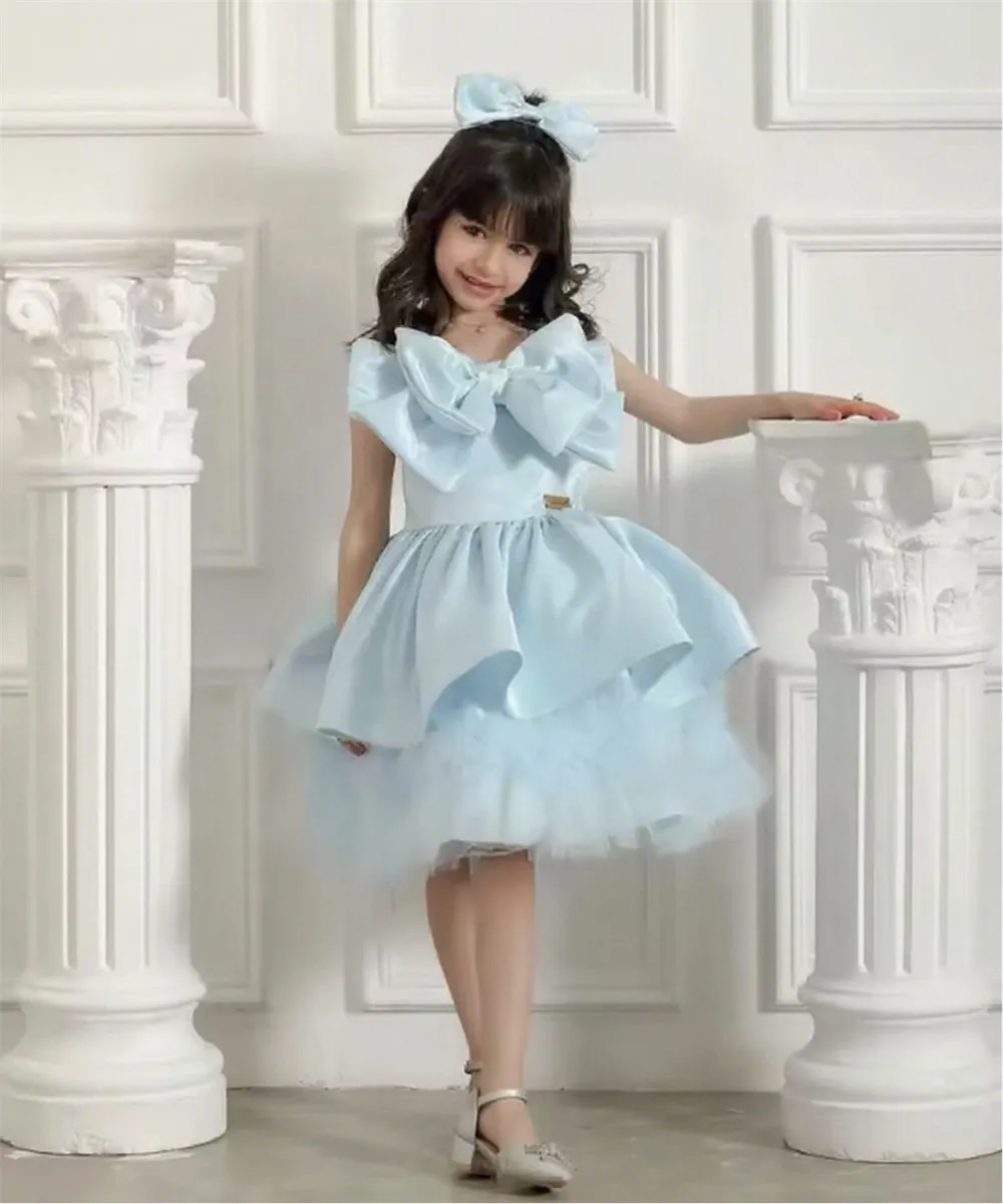 

Sky Blue Satin Flower Girl Wedding Dress Puffy Sleeveless Knee Length With Bow Birthday Party First Communion Dress Customized