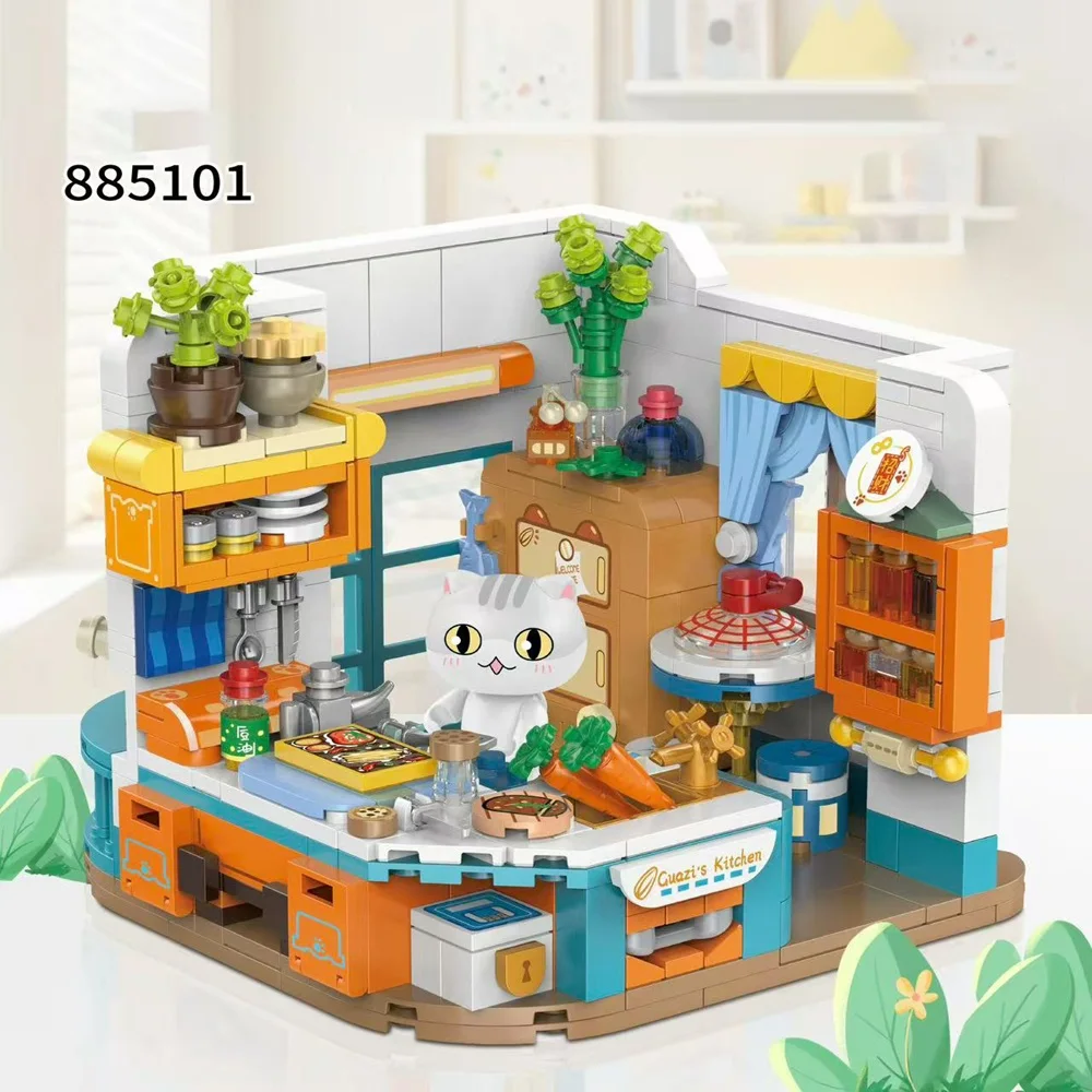 

Children's building block house kitchen toy model assembly, DIY a group of cats creative ornaments, birthday toy gift