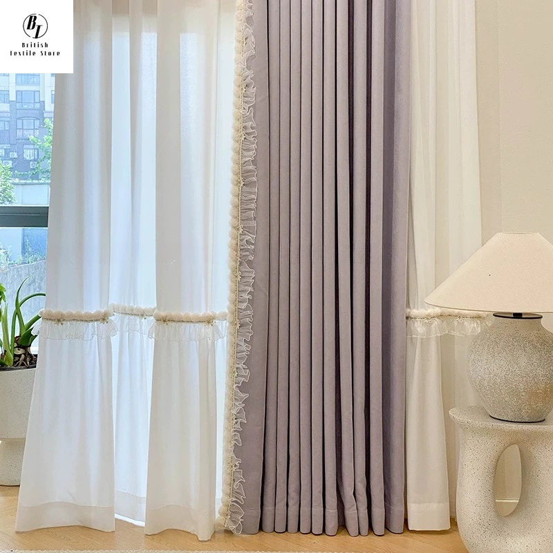 Custom Size French Fashion Purple Pom-pom Lace Custom Thicken Chenille Luxury Curtains for Living Room Bedroom Dining Blackout