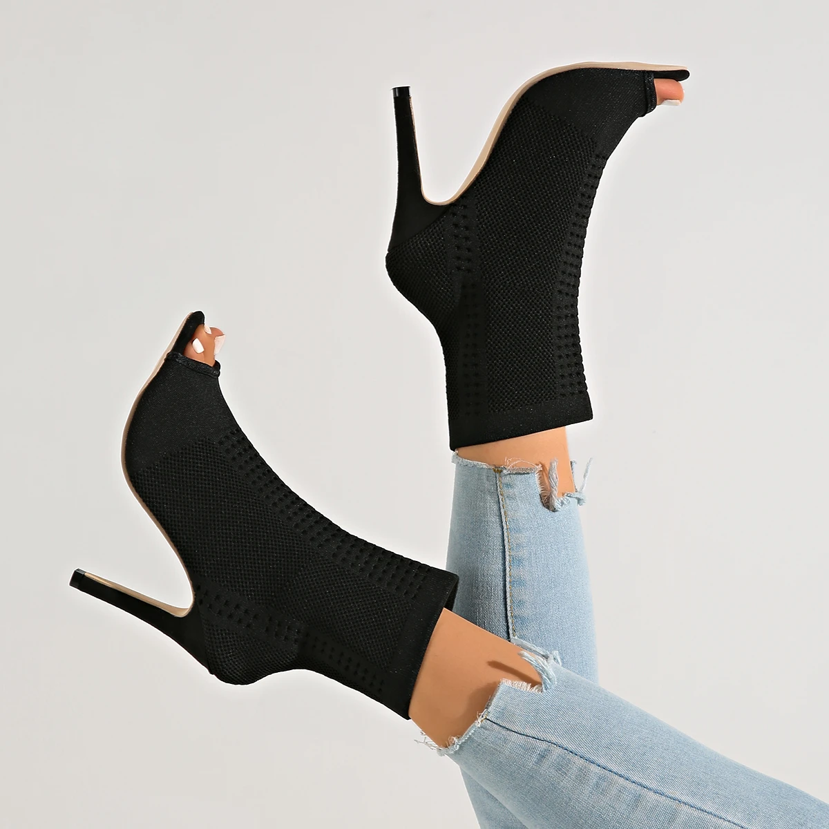 Women Sandals Fashion Peep Toe Knitting Ankle Boots Ladies Hollow Out Breathable Dress Shoes for Women High Heels Dance Shoes