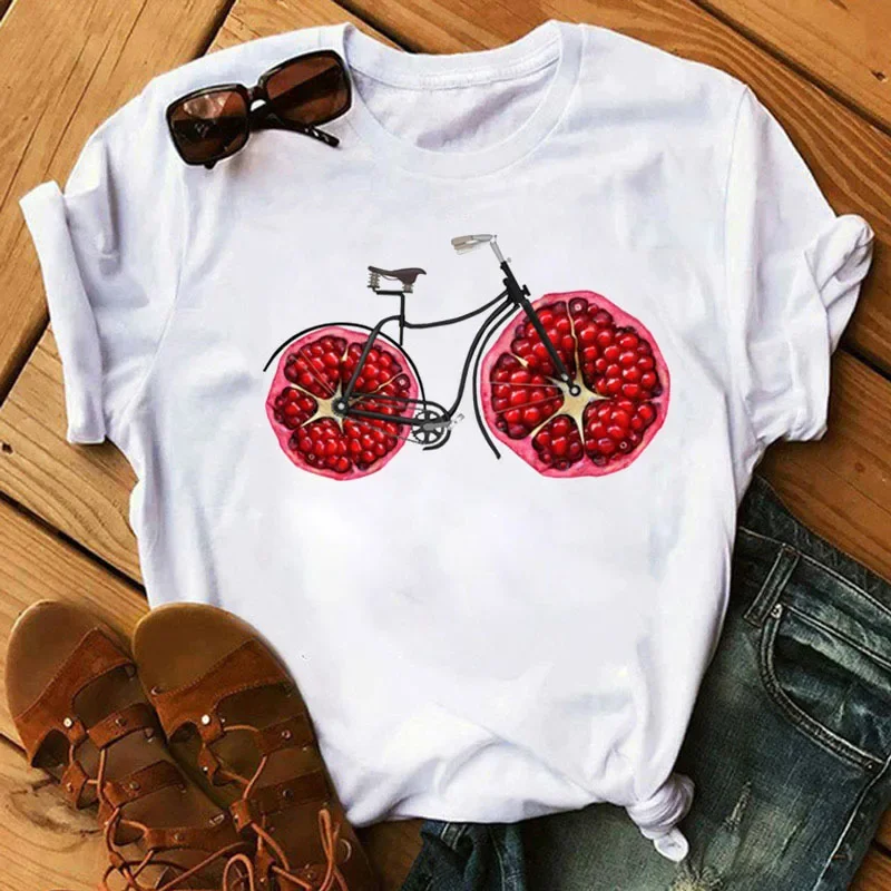 Spring Summer Ladies Floral Bicycle Pattern Fashion Cartoon Print White Letter T-shirt Woman Clothes  Oversized T Shirt Tops Tee