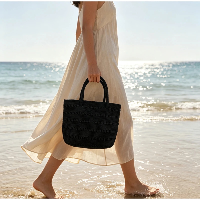 Einfarbige gewebte Handtasche, leichte Damen-Umhängetasche mit großem Fassungsvermögen, japanische Sommer-Strand-Urlaubstasche, lässige Pendler-Tragetasche – Detail 3