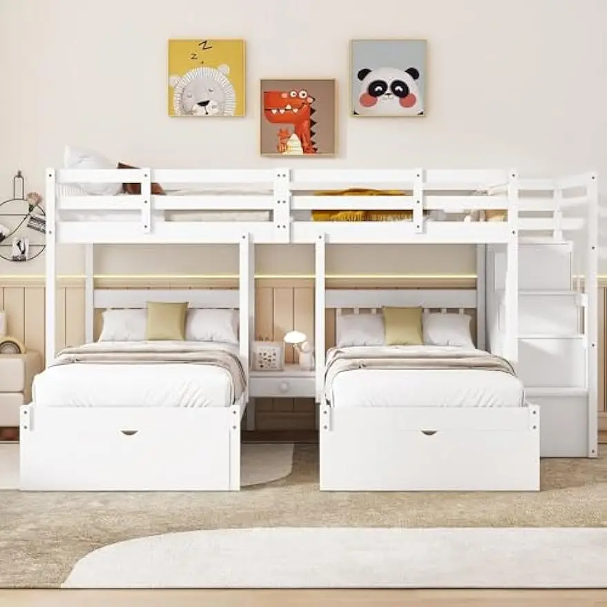 Triple Bunk Beds with Stairs and Storage Drawers,Full Over Twin&Twin Bunk Beds for 3 Kids,Wooden 3 Bunk Beds Frame