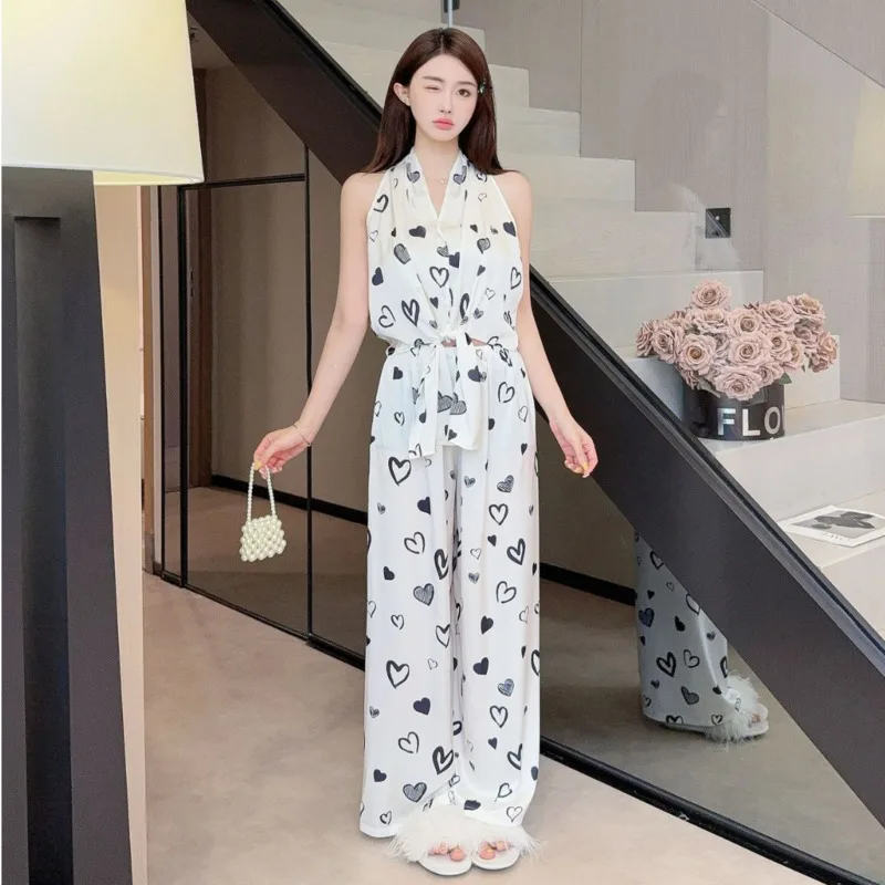 2025 Spring Autumn Ins Style Elegant Heart Shape Women Ice Silk Two Piece Set Sleeveless Long Pants Wearable Outside Pajamas
