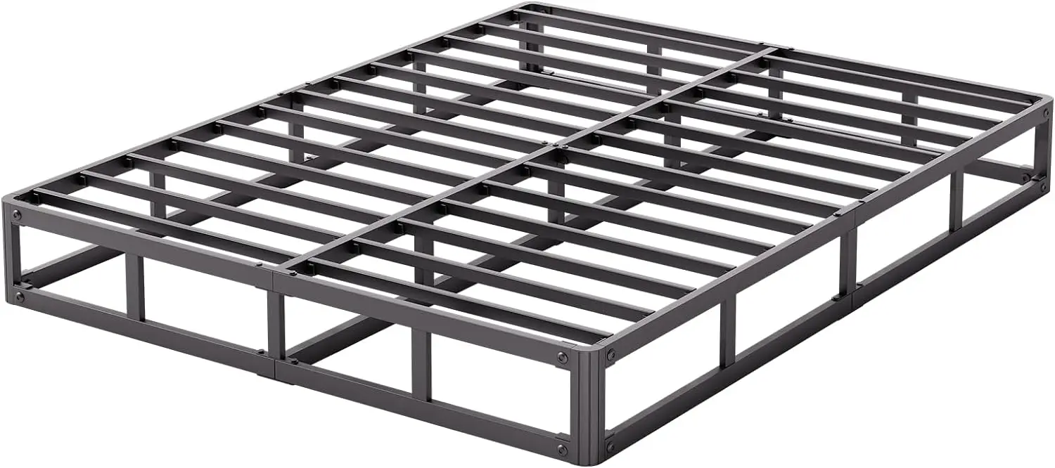 King Bed Box Spring 5 Inch High, Low Metal Bed Frame With Round-Corner Design, Heavy Duty Steel Slat Support Mattress