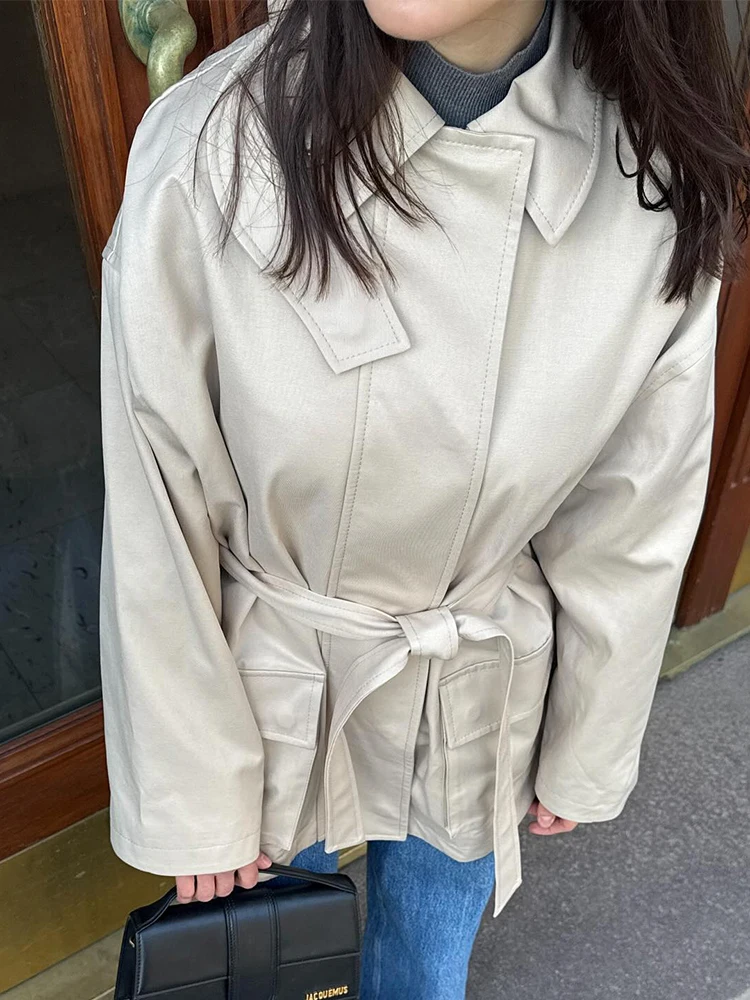 

Casual Khaki Lace Up Trench Coat Women's Lapel Full Sleeve Zipper Pocket Windbreaker Jacket Lady New Commuting Office Outerwear
