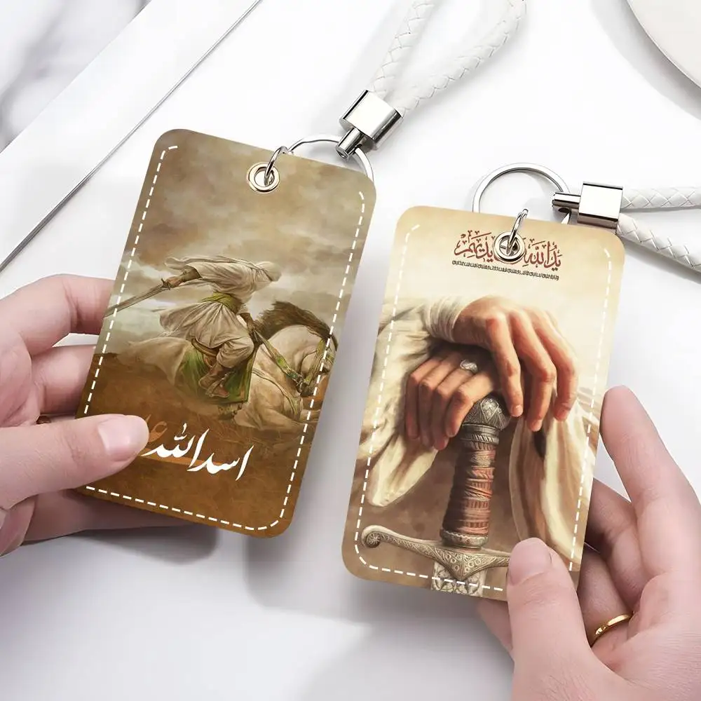 1 unidad Portatarjetas de cuero Imam Hussain Shia Ali con llavero y anillo para llaves, para tarjetas de acceso