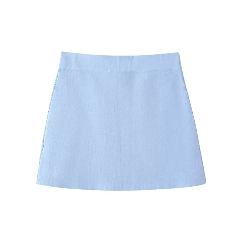 KEYANKETIAN 2024 New Launch Women's Sky Blue Knit Skirt Autumn Artificial Gemstone Decoration Double Pockets Elastic Waist Skirt