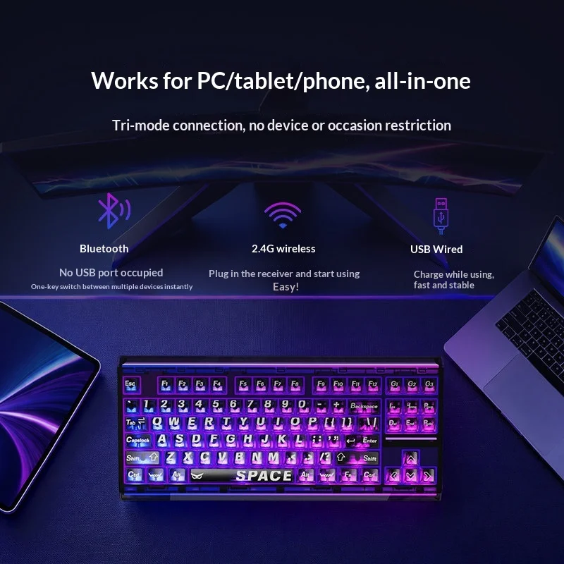 iKBC Frosted Light 87 Mechanical Keyboard 87-Key Tri-Mode Hot-Swappable RGB Backlit for Gaming Office Compatible with Desktop