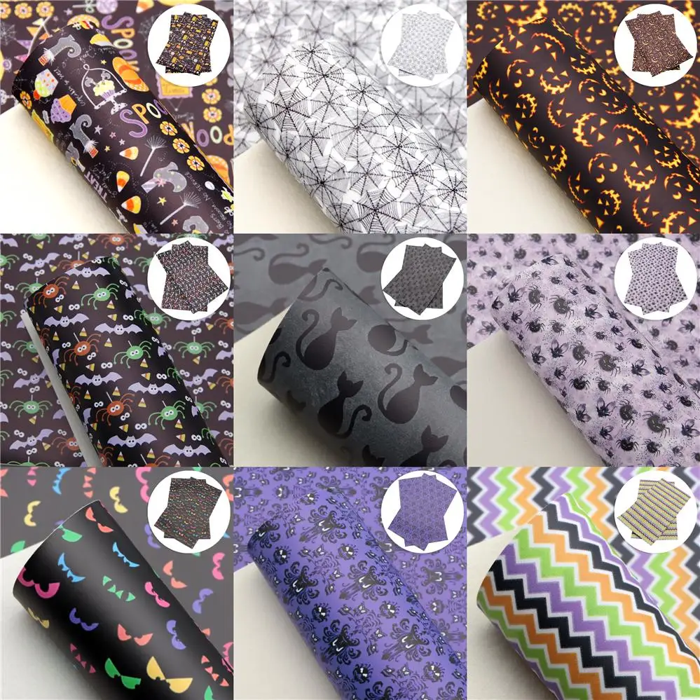 แผ่น Bahan Kain kulit ใยสังเคราะห์เนื้อเรียบพิมพ์ลายกะโหลกศีรษะฟักทองแมงมุมฮาโลวีนสำหรับเครื่องประดับผมรูปโบว์ต่างหูแบบทำมือ1Yc12248