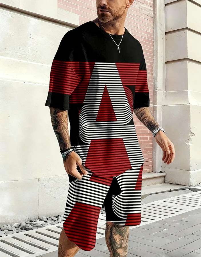 2026 جديد الصيف ملابس رياضية رجالية النمر مطبوعة عادية الشارع دعوى ثلاثية الأبعاد ستيريو مطبوعة بحر تي شيرت رجالي السراويل قطعتين مجموعة #1