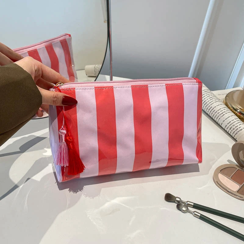 Striped PVC Makeup Bag Waterproof Washable Zipper Cosmetic Pouch Large Opening for Women Travel Makeup Storage