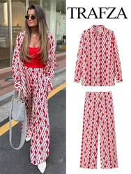 TRAFZA Women 2 Piece Set Chic Dots Print Single Breasted Lapel Long Sleeves Loose Blouses Shirts+Side Zip Casual Wide Leg Pants