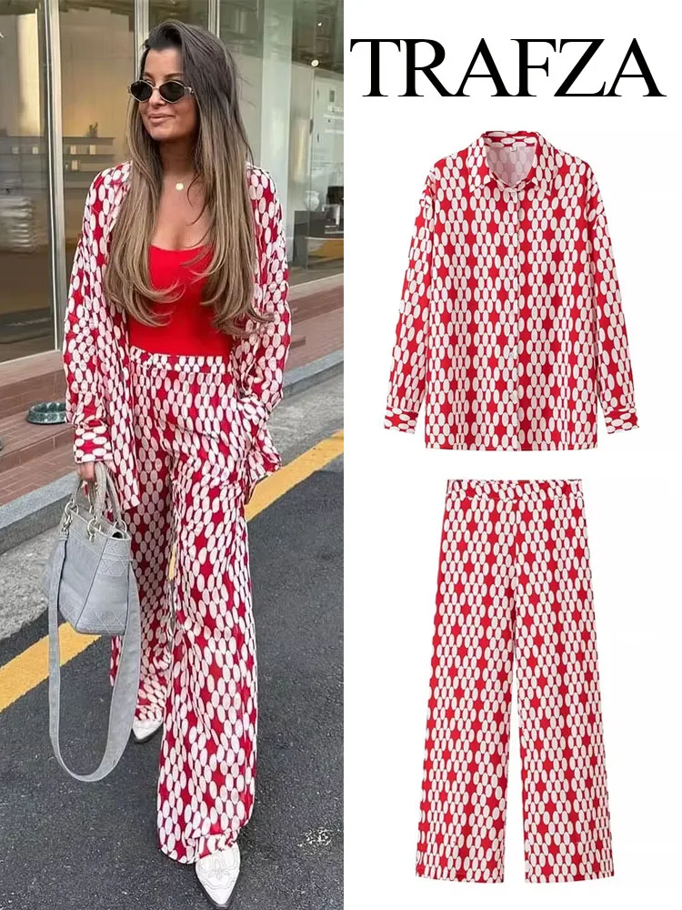 TRAFZA Women 2 Piece Set Chic Dots Print Single Breasted Lapel Long Sleeves Loose Blouses Shirts+Side Zip Casual Wide Leg Pants