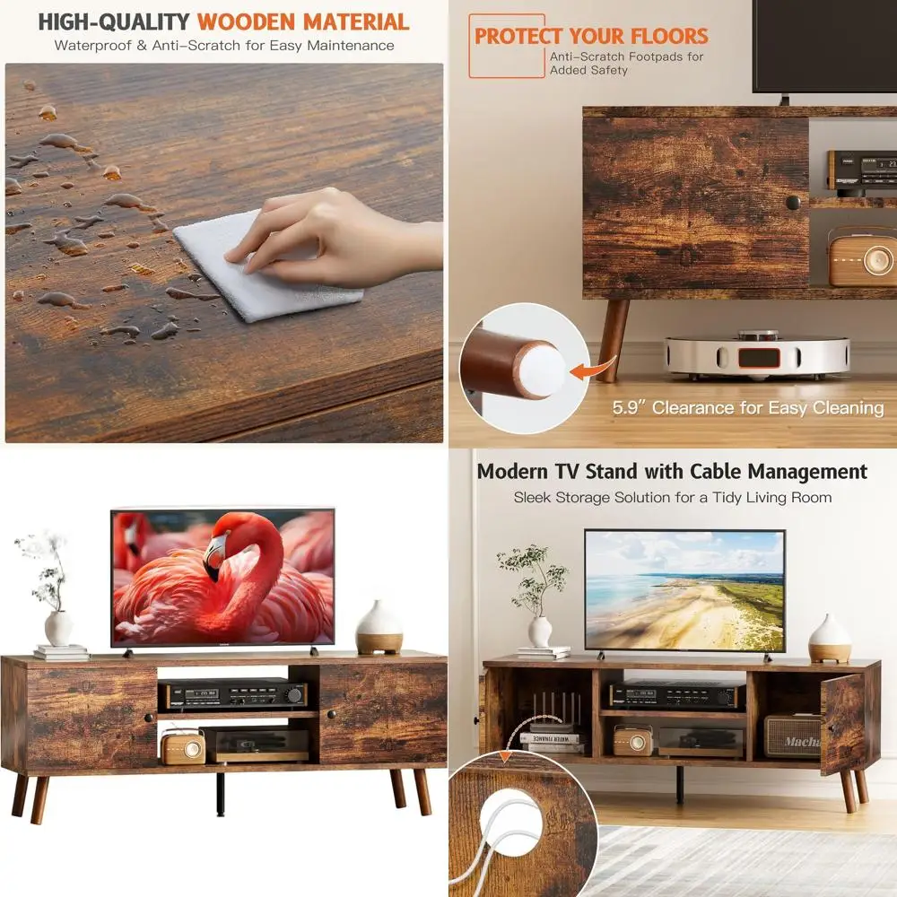 

40-60 Inch Living Room TV Stand, 2-Door Media Console with Storage, Brown Wood Entertainment Center