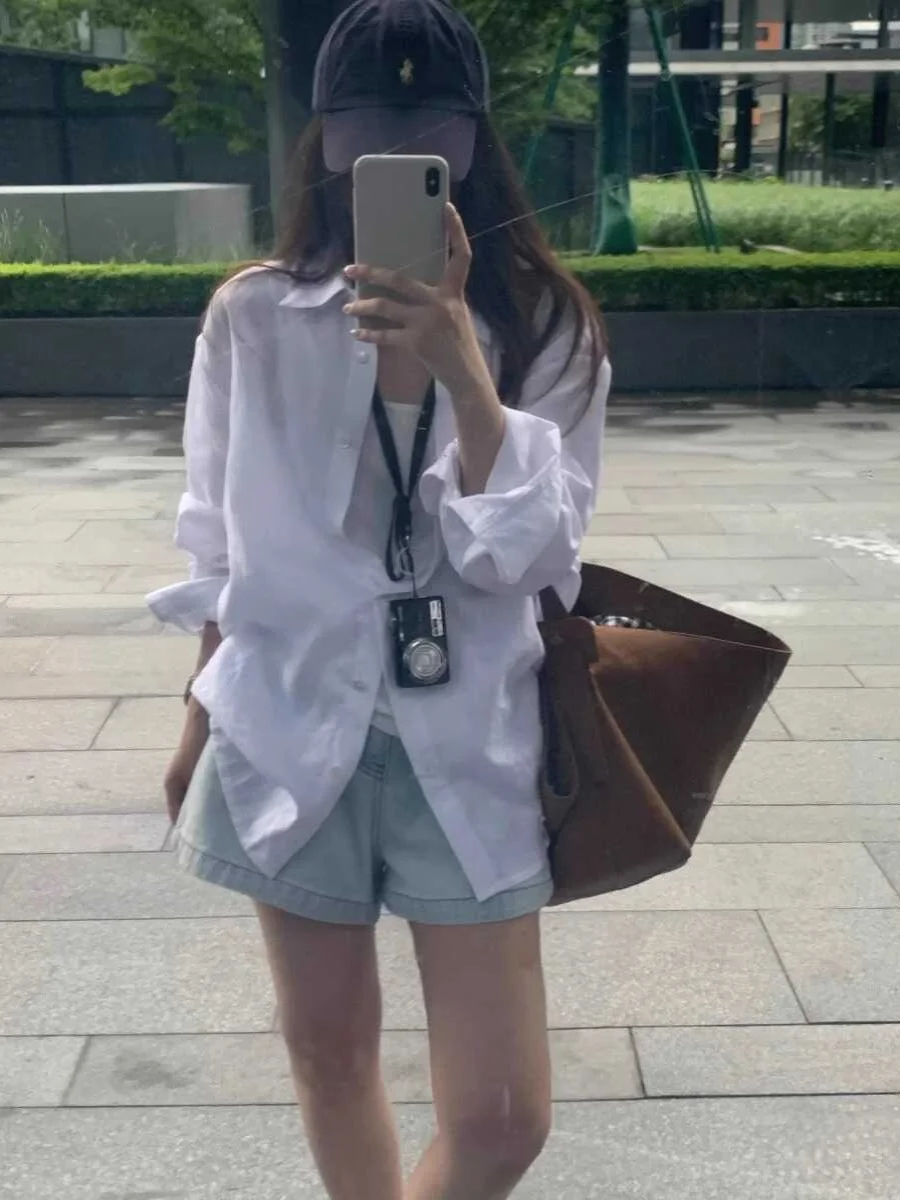 

Белая женская рубашка в корейском стиле с простым воротником и длинными рукавами, тонкая, свободная, универсальная, стройнящая, открытая блузка-кардиган, модный топ