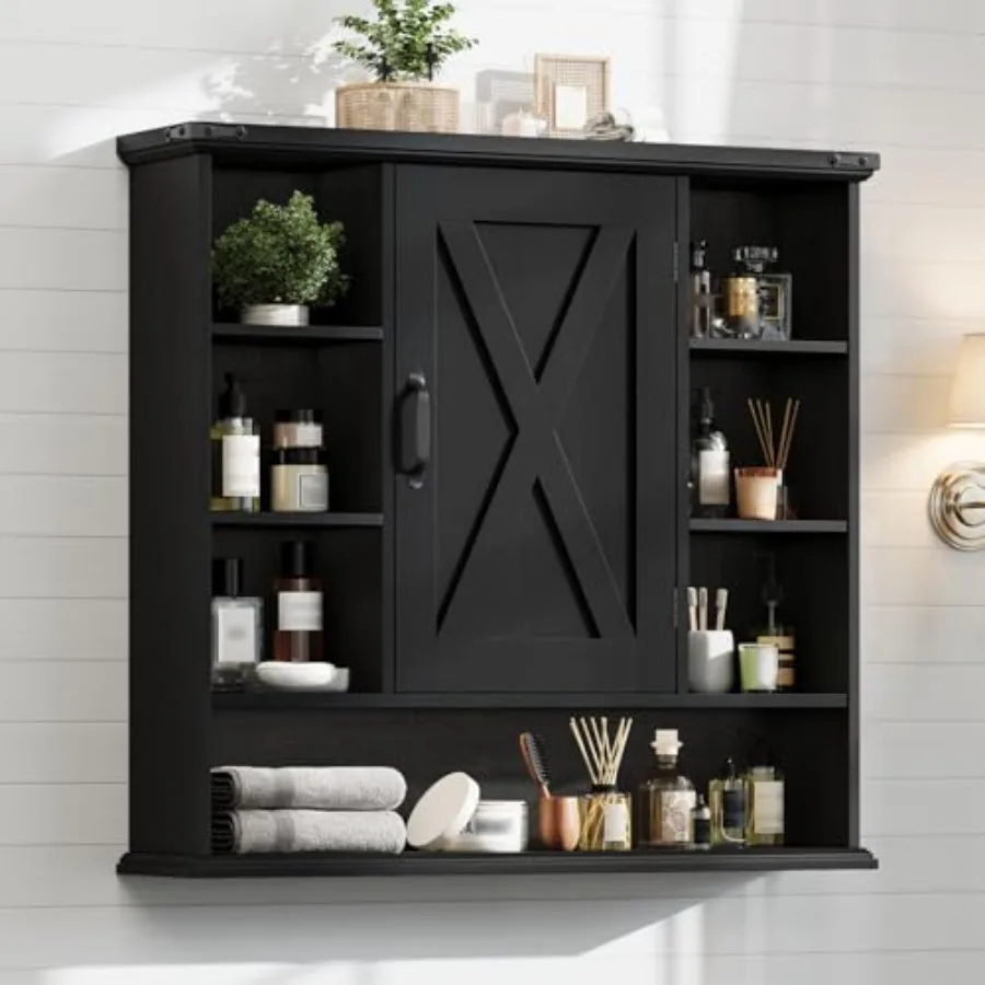 

Bathroom Wall Cabinet for Farmhouse Style: Rustic Black Metal with Adjustable Shelves and Barn Doors Large Over-Toilet Storage