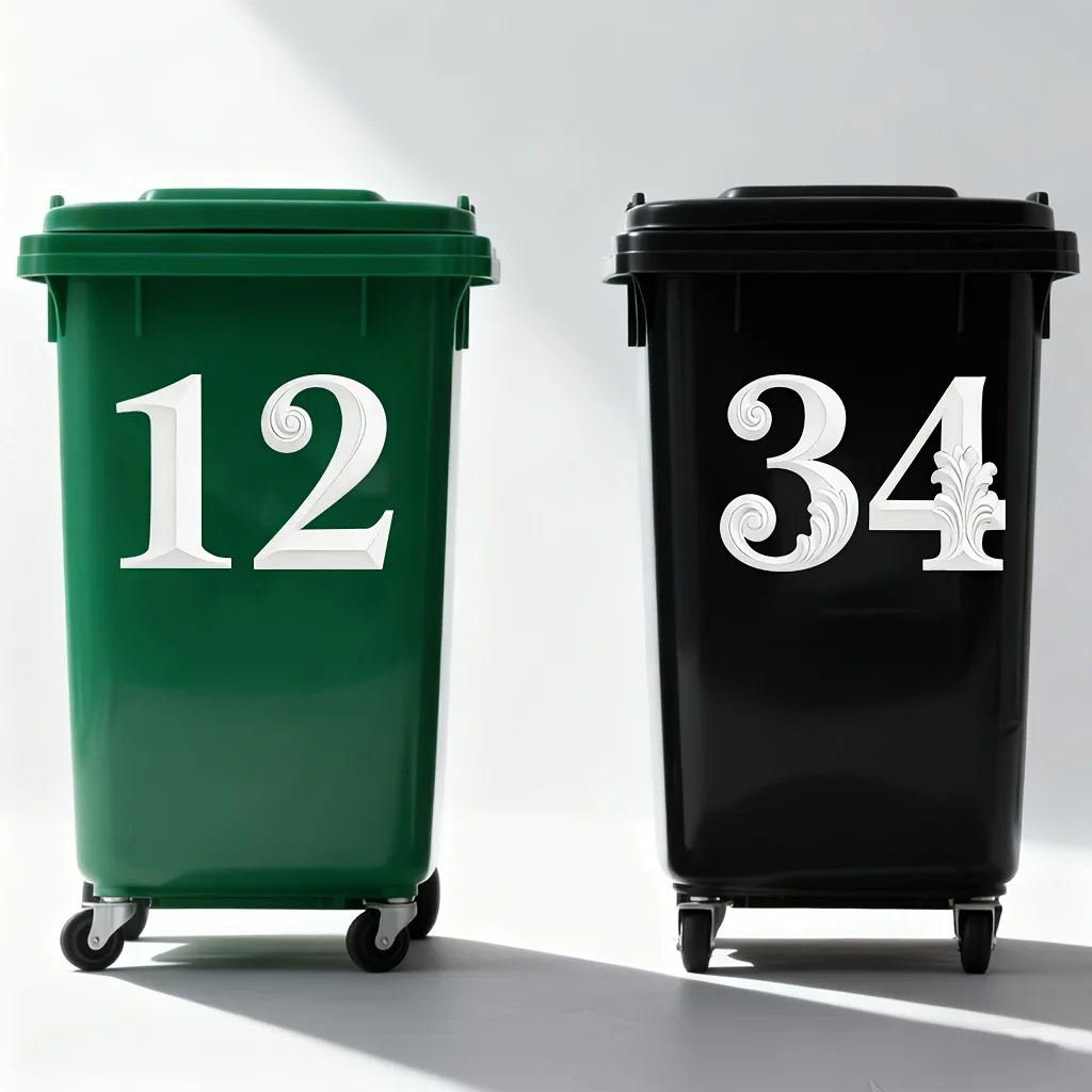 2pcs Fun PVC Self-Adhesive White Number Stickers 5.7in(14.5cm) Large Reflective Trash Can Labels for Bins Garage Organization view 3