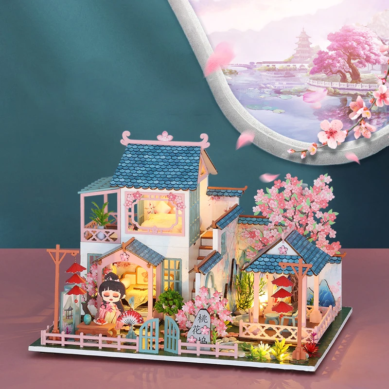 DIY Wooden Dollhouse Peach Blossom House Miniature With Furniture Kit Assemble Toys for Children Girl Adult Birthday Gift Casa