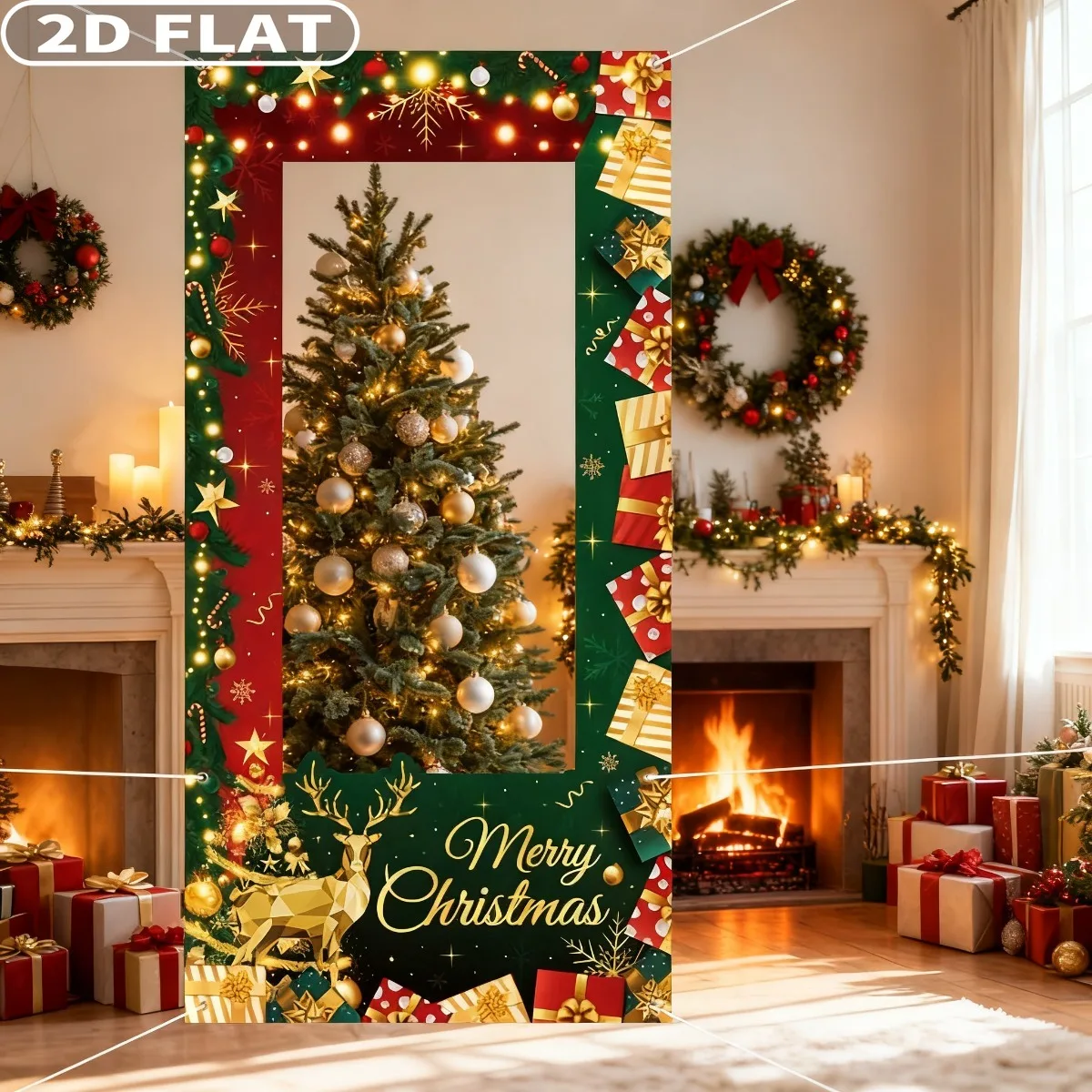 2D FLAT 1 pc Green Christmas Party Photo Booth Props Background,90x180cm Polyester Christmas Gift Box Elk Design Backdrop