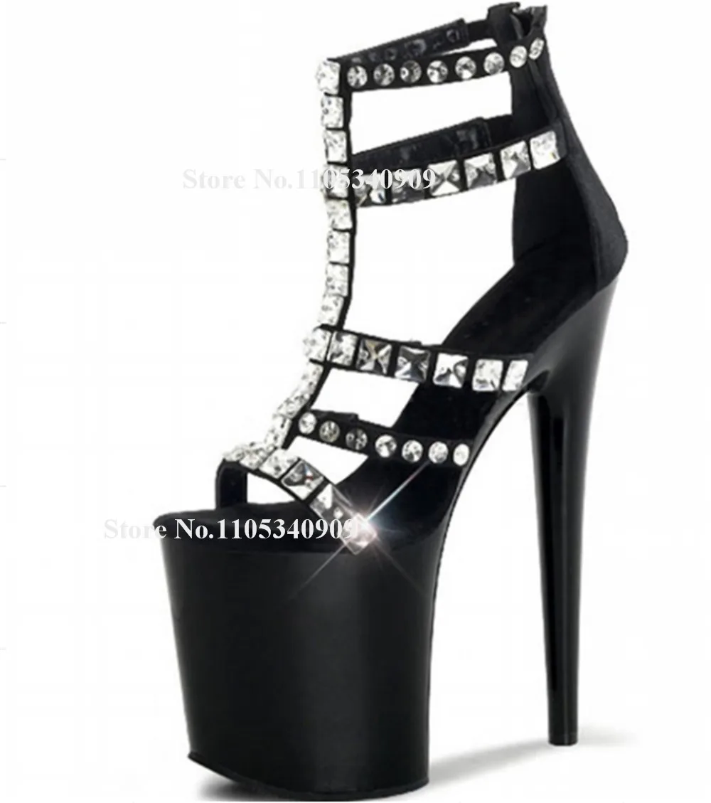 Bondarenko Rhinestones Straps Cross Stiletto Heel Sandals Black T-straps Crystals High Platform 20cm Thin Heel Dance Shoes