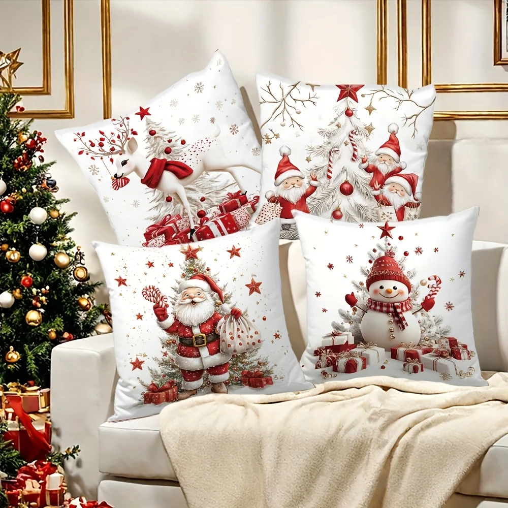 4pcs Festive Christmas Throw Pillow Covers, Featuring Santa, Snowman, Gnome Design for Home Sofa & Bedroom Decor (Covers Only)