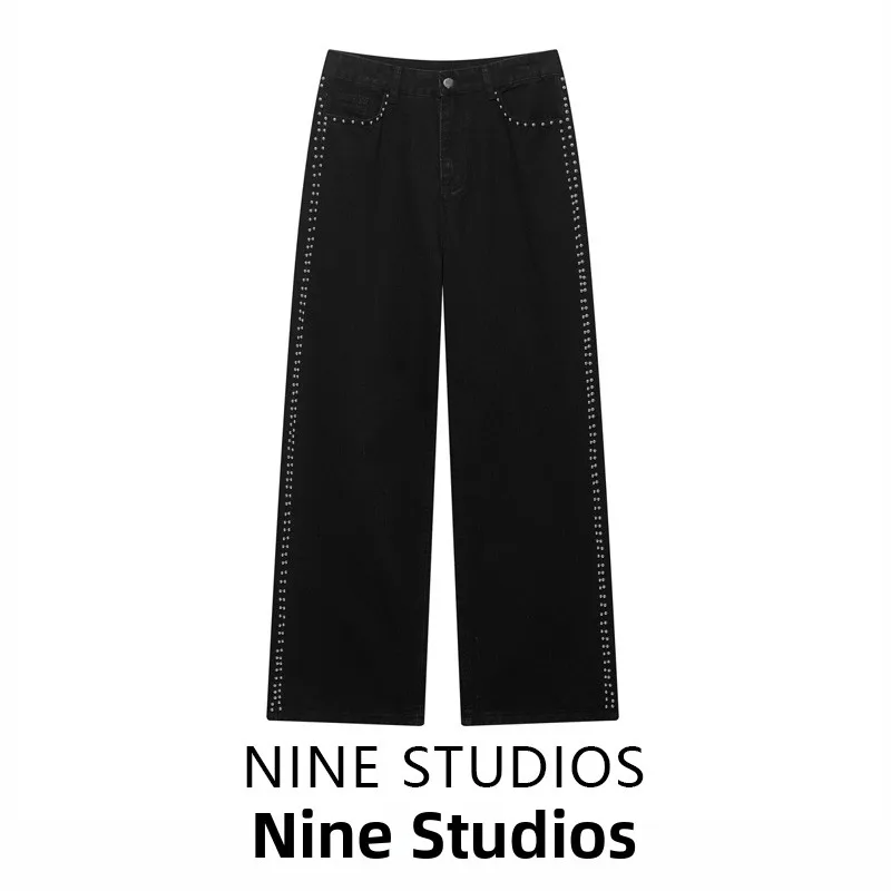 

Low Waist Straight Leg Jeans Decorative Silver Dot Bead Embellied Waed Denim Casual High Waist Wide Leg Pants