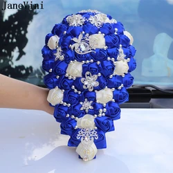 JaneVini Royal Blue Cascading Wedding Bouquets with Silver Crystal Jewelry Handmade Beaded Satin Rose Waterfall Bridal Flowers
