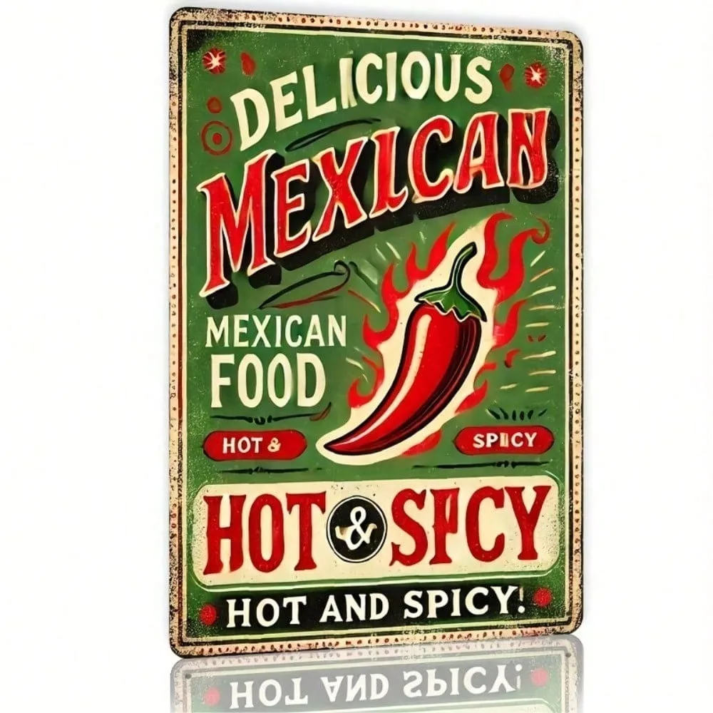 

Vintage Art Deco 8x12 Inch Metal Wall Art - Retro Mexican Food Tin Sign with Chili Peppers, Hot 2026 Ramadan & Valentine's Decor