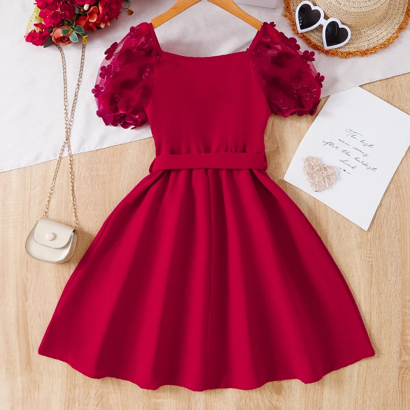 Summer Cute Girl Mesh Sleeves Round Neck Princess Dress Children\'s Wedding Birthday Party Girl Detachable Belt Red Fluffy Dress