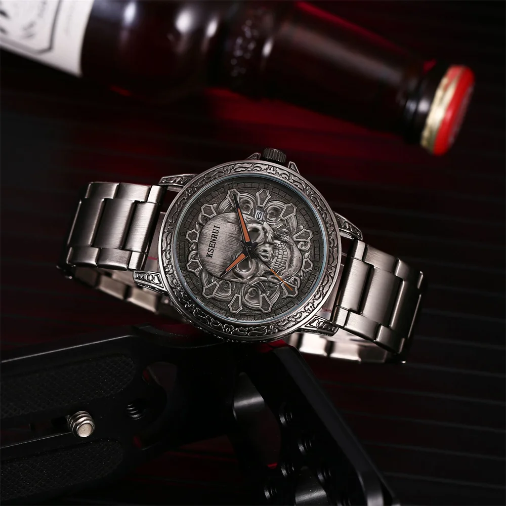 Reloj de cuarzo Retro para Hombre, cronógrafo con diseño de cara de Calavera, correa de cuero y acero, regalo a la moda, envío directo