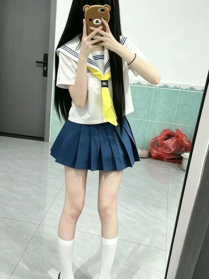 Uniform Style Short Skirt Set Women's School Uniform Outfit Blue Sailor Suit Matching Accessories Breathable Casual Wear