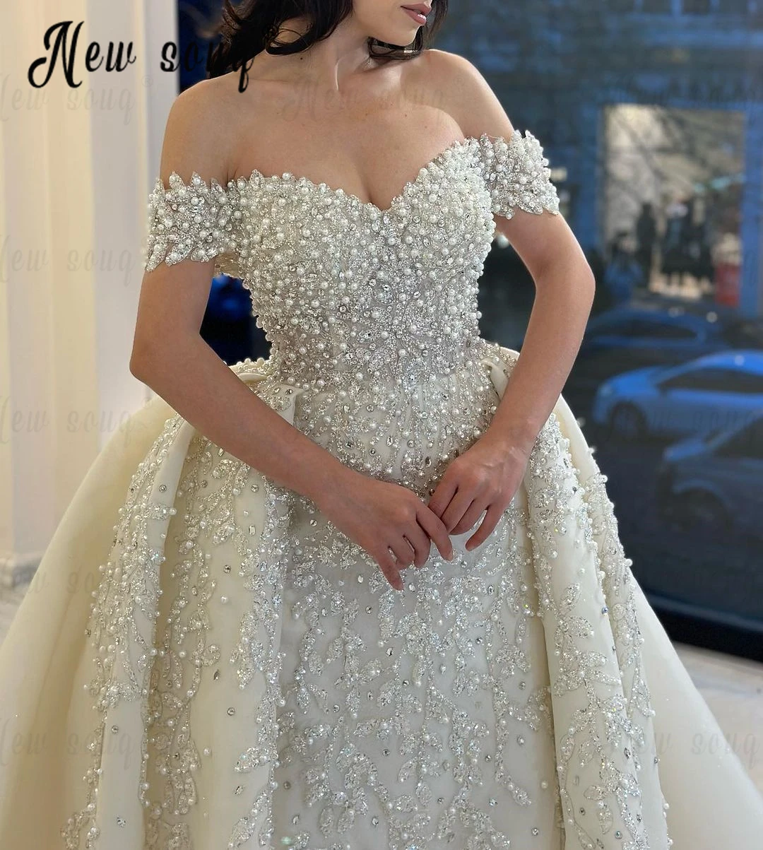 

2024 Vestidos De Novia Ivory Pearls Wedding Dress Sweetheart Off Shoulder Mermaid Bridal Gowns With Detachable Train Beading